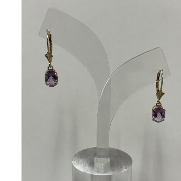 14K Yellow Gold Oval Amethyst Dangle Earrings #63616 - Picture 1 of 6